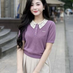 Áo len cộc tay phối cổ ren 3 khuy, kiểu dáng bo gấu, chất len dệt kim Evalover 1