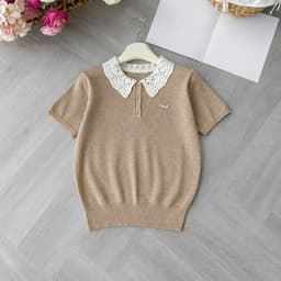 Áo len cộc tay phối cổ ren 3 khuy, kiểu dáng bo gấu, chất len dệt kim Evalover 2