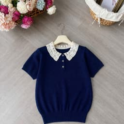 Áo len cộc tay phối cổ ren 3 khuy, kiểu dáng bo gấu, chất len dệt kim Evalover 5