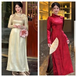 Áo dài tiểu thư 2 màu đỏ kem - cổ cách điệu - form dáng eo - vải nhũ bling bling mềm mại nổi bật 1