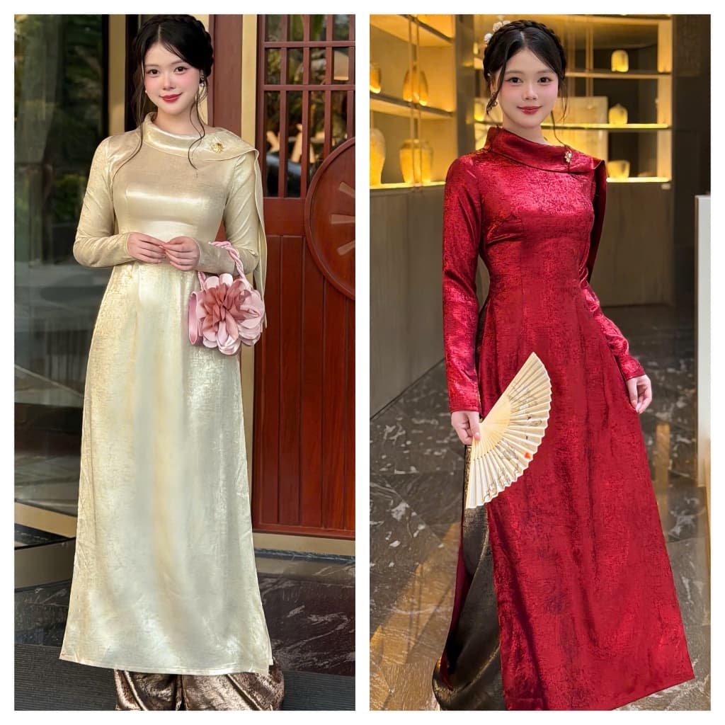Áo dài tiểu thư 2 màu đỏ kem - cổ cách điệu - form dáng eo - vải nhũ bling bling mềm mại nổi bật