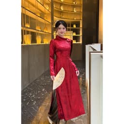 Áo dài tiểu thư 2 màu đỏ kem - cổ cách điệu - form dáng eo - vải nhũ bling bling mềm mại nổi bật 6