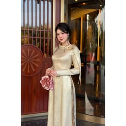 Áo dài tiểu thư 2 màu đỏ kem - cổ cách điệu - form dáng eo - vải nhũ bling bling mềm mại nổi bật 4
