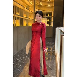 Áo dài tiểu thư 2 màu đỏ kem - cổ cách điệu - form dáng eo - vải nhũ bling bling mềm mại nổi bật 3
