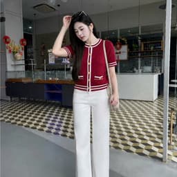 Áo Cardigan Nữ Cộc Tay Cổ Tròn Phối Viền, Chất Len Dệt Kim Cao Cấp Evalover 7