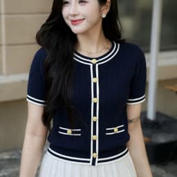 Áo Cardigan Nữ Cộc Tay Cổ Tròn Phối Viền, Chất Len Dệt Kim Cao Cấp Evalover 8