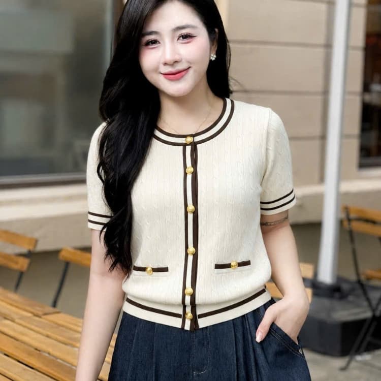 Áo Cardigan Nữ Cộc Tay Cổ Tròn Phối Viền, Chất Len Dệt Kim Cao Cấp Evalover