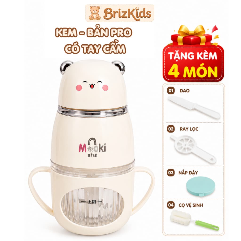 Máy Xay Ăn Dặm Cho Bé, Máy Xay Mooki, Bản Pro 8 Lưỡi Hình Mèo Màu Kem - BrizKids