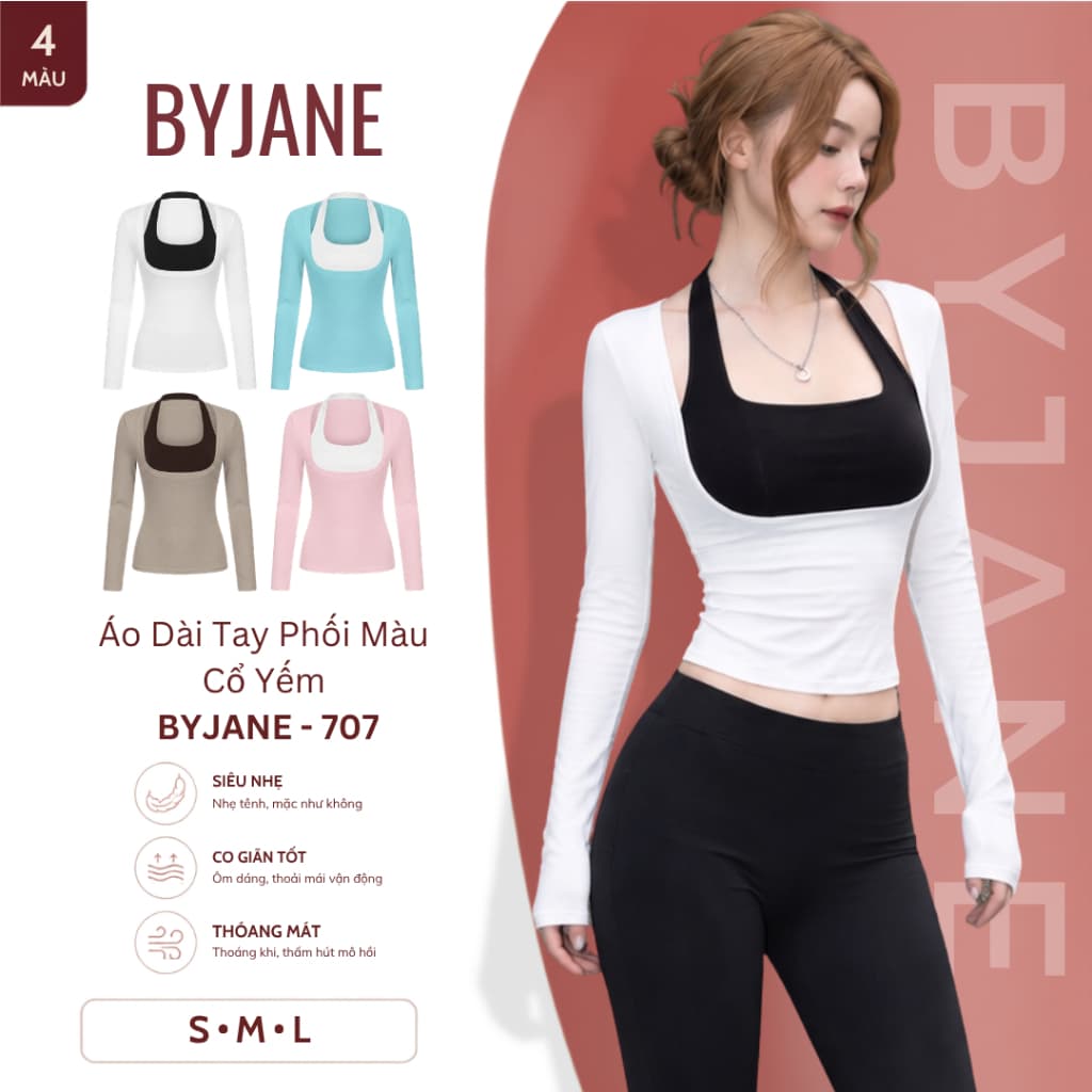 [ MỞ BÁN ] Áo Nữ Dài Tay Ôm Body Phối Màu Cổ Yếm Co Giãn Thời Trang BYJANE - 707