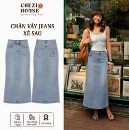 Chân Váy Jean Nữ Dài Thêu Đắp Túi CHEZI HOUSE, Chân Váy Bò Nữ Dáng Suông Chữ A Xẻ Sau Xanh Mài #8352 1