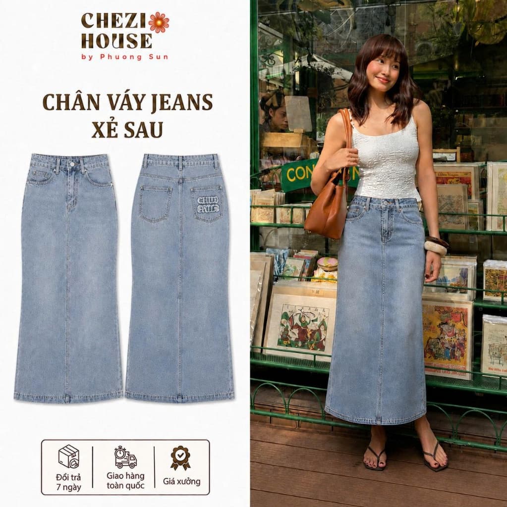 Chân Váy Jean Nữ Dài Thêu Đắp Túi CHEZI HOUSE, Chân Váy Bò Nữ Dáng Suông Chữ A Xẻ Sau Xanh Mài #8352