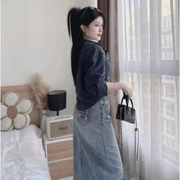 Chân Váy Jean Nữ Dài Thêu Đắp Túi CHEZI HOUSE, Chân Váy Bò Nữ Dáng Suông Chữ A Xẻ Sau Xanh Mài #8352 4