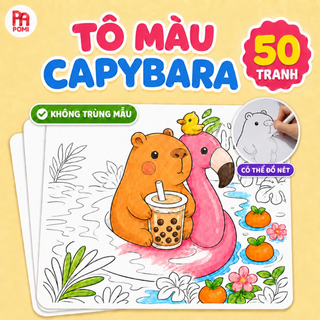 Set 50 Tranh Tô Màu Capybara & Những Người Bạn Động Vật - Giấy Dày In Rõ Nét - Đồ Chơi POMI