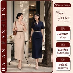 [260417] Set Bộ Công Sở Nữ Cao Cấp Áo Cổ Vest Tay Ngắn Chân Váy Dài Màu Be Kèm Đai 1
