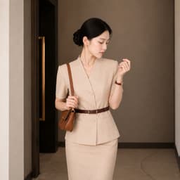 [260417] Set Bộ Công Sở Nữ Cao Cấp Áo Cổ Vest Tay Ngắn Chân Váy Dài Màu Be Kèm Đai 3