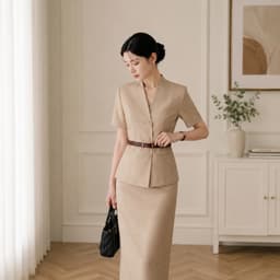 [260417] Set Bộ Công Sở Nữ Cao Cấp Áo Cổ Vest Tay Ngắn Chân Váy Dài Màu Be Kèm Đai 2