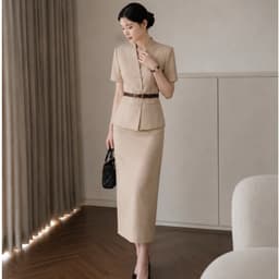 [260417] Set Bộ Công Sở Nữ Cao Cấp Áo Cổ Vest Tay Ngắn Chân Váy Dài Màu Be Kèm Đai 4