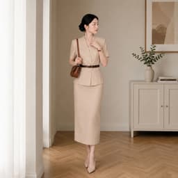 [260417] Set Bộ Công Sở Nữ Cao Cấp Áo Cổ Vest Tay Ngắn Chân Váy Dài Màu Be Kèm Đai 5