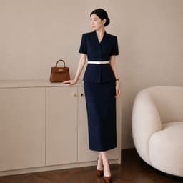 [260417] Set Bộ Công Sở Nữ Cao Cấp Áo Cổ Vest Tay Ngắn Chân Váy Dài Màu Be Kèm Đai 7