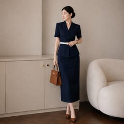[260417] Set Bộ Công Sở Nữ Cao Cấp Áo Cổ Vest Tay Ngắn Chân Váy Dài Màu Be Kèm Đai 6