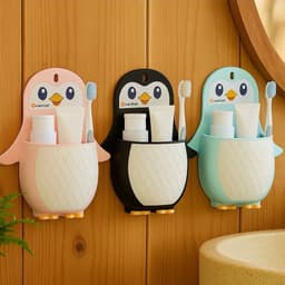 Hộp đựng bàn chải đánh răng, Khay dán tường nhựa hình chim cánh cụt đa năng, kèm miếng dán 3
