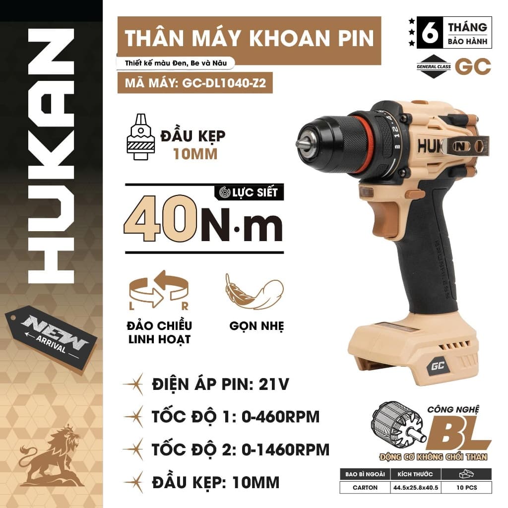 Máy Khoan Pin Không Chổi Than HUKAN GC-DL1040-Z2, Đầu 10mm 2 Chức Năng - Tặng Ốp Lưng Kim Loại