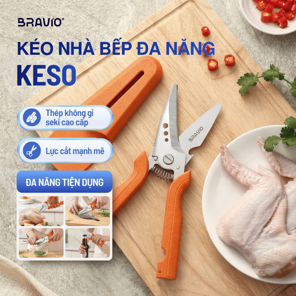 Kéo nhà bếp đa năng Bravio Keso thép không gỉ cao cấp kéo cắt gà xương cá