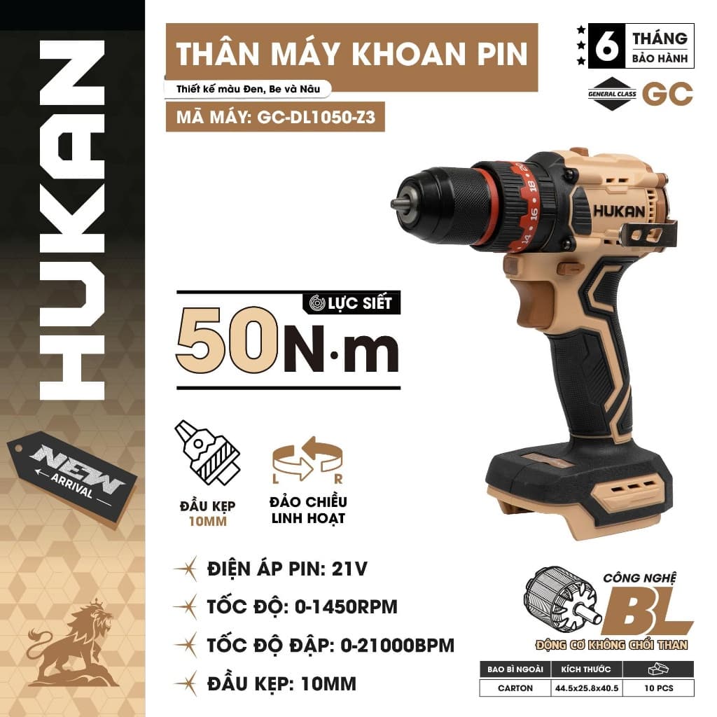 Máy Khoan Pin 3 Chức Năng HUKAN GC-DL1050-Z3, Đầu 10mm Autolock - Lực Siết 50Nm Không Chổi Than