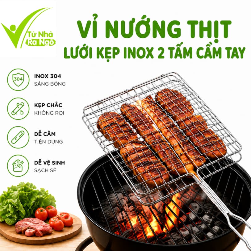 Vỉ Nướng Thịt Inox 304 Lật 2 Mặt Chín Đều Hai Mặt GD209 - Vỉ Nướng Lật 2 Mặt Inox 304 Nướng Thịt BBQ