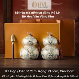 Bộ hộp trà gốm sứ thanh hoa dáng Hồ Lô kèm túi cao cấp Phong Linh Đôn Hoàng - HVL 1