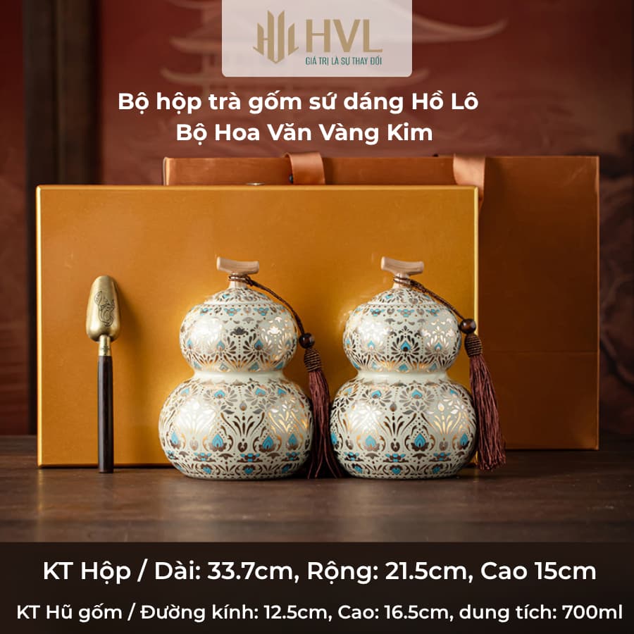 Bộ hộp trà gốm sứ thanh hoa dáng Hồ Lô kèm túi cao cấp Phong Linh Đôn Hoàng - HVL