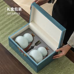 Bộ hộp trà gốm sứ thanh hoa dáng Hồ Lô kèm túi cao cấp Phong Linh Đôn Hoàng - HVL 6