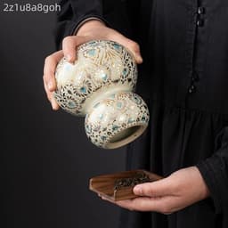 Bộ hộp trà gốm sứ thanh hoa dáng Hồ Lô kèm túi cao cấp Phong Linh Đôn Hoàng - HVL 4