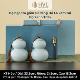 Bộ hộp trà gốm sứ thanh hoa dáng Hồ Lô kèm túi cao cấp Phong Linh Đôn Hoàng - HVL 7