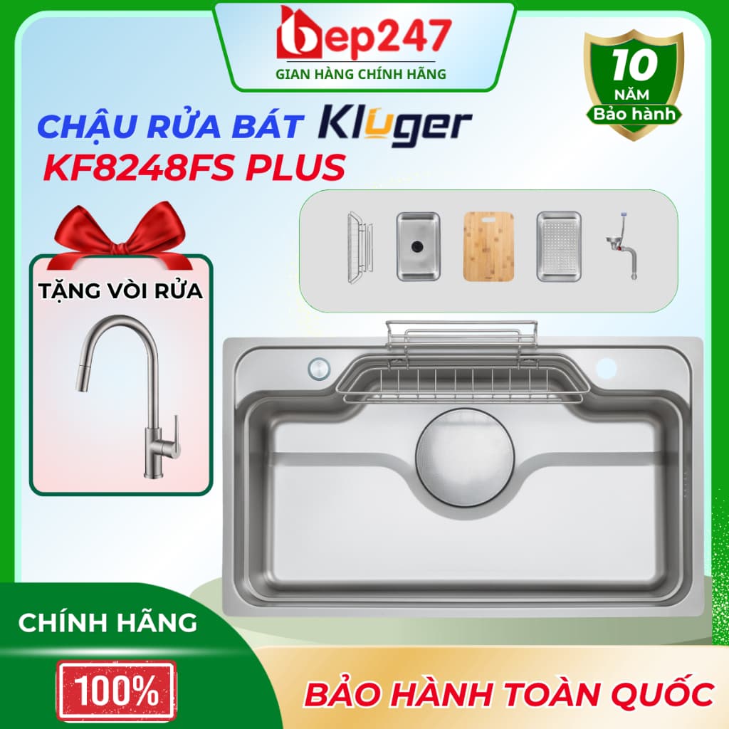 Chậu Rửa Bát Kluger KF8248FS Plus 1 Hố Inox 304 82x48cm Bề Mặt LINEN Chống Xước Full Phụ Kiện Chính Hãng