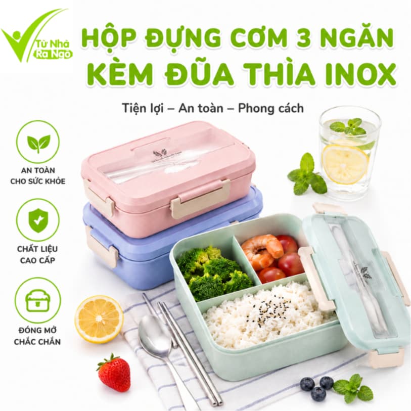 Hộp Đựng Cơm 3 Ngăn Kèm Đũa Thìa Inox Chống Gỉ GD234 - Hộp Nhựa Đựng Thức Ăn 3 Ngăn 1200ml