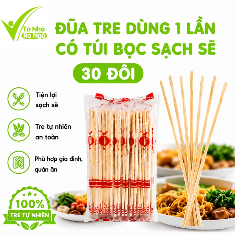 Đũa Tre Dùng 1 Lần Đám Cỗ, Lễ Hội Có Túi Bọc Sạch Sẽ GD235 - Túi 30 Đôi Đũa Tre Dùng 1 Lần Đám Cưới