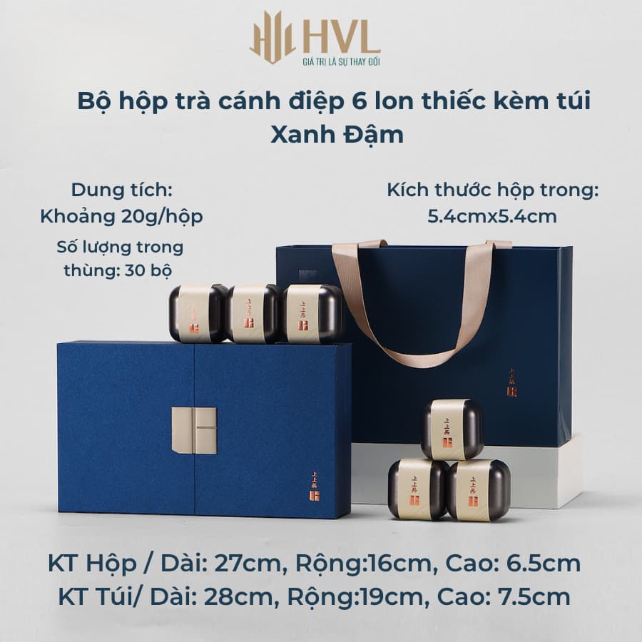 Bộ hộp đựng trà cánh điệp 6 lon thiếc kèm túi xách cao cấp hộp quà tặng biếu Tết xanh đỏ vàng