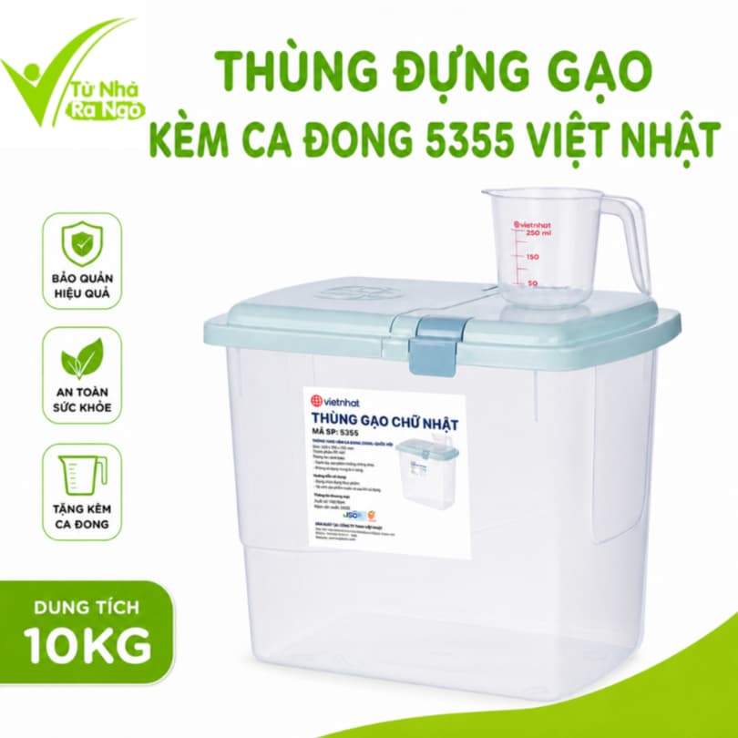 Thùng Gạo Chữ Nhật 10Kg Nắp Khóa Kín Kèm Ca Đong Nhựa PP Cao Cấp Hộp Đựng Gạo Chống Bụi GD249