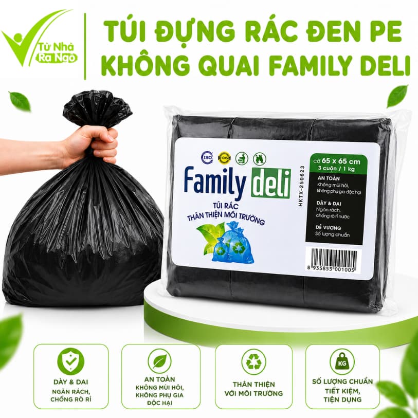 Túi Đựng Rác Đen PE Không Quai Family Deli Dày Dặn Chống Rò Rỉ Chống Thấm Nước GD257