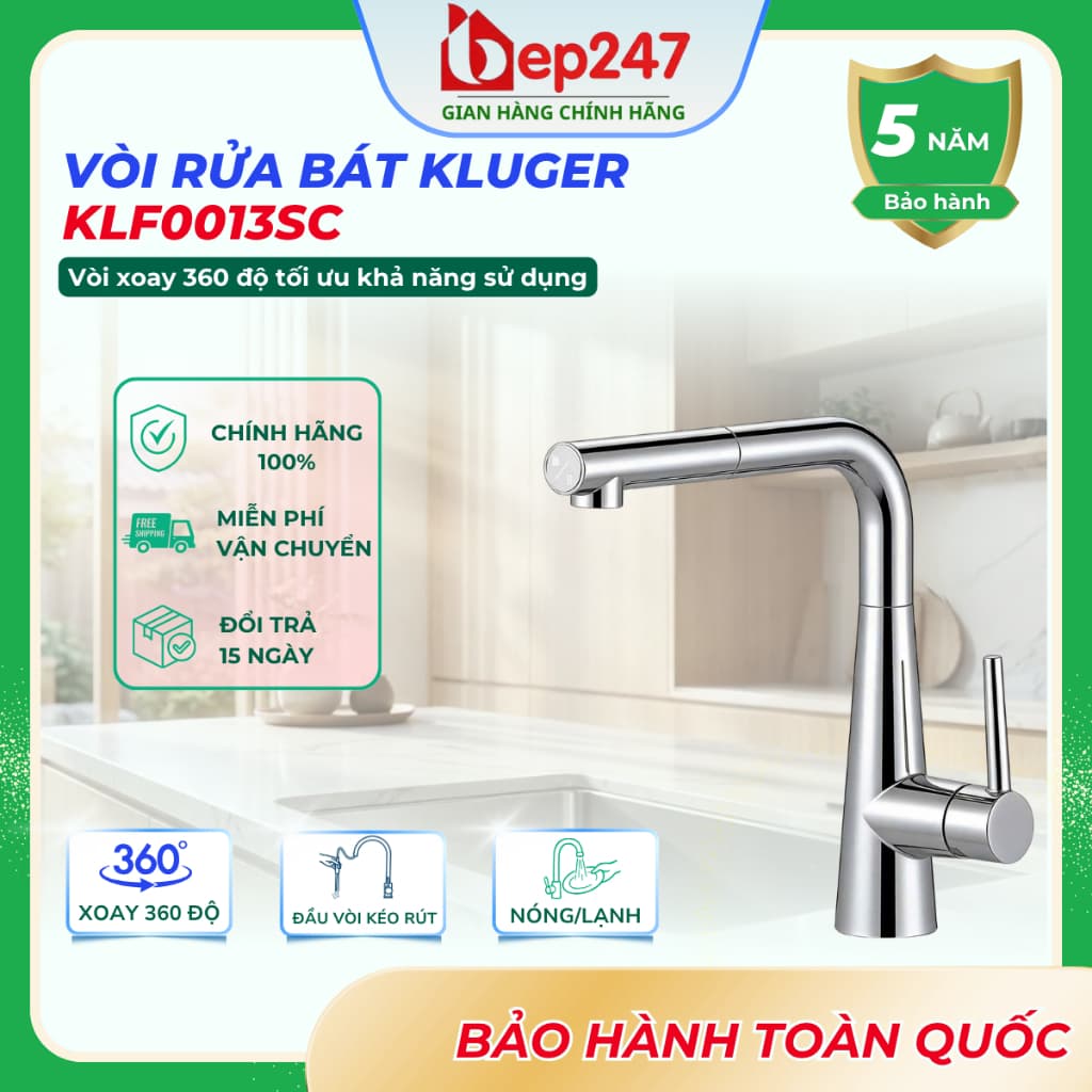 Vòi Rửa Bát Kluger KLF0013SC Dây Rút Nóng Lạnh Xoay 360° 2 Chế Độ Chrome Chính Hãng