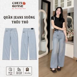 Quần Nữ Ống Suông Thêu Thỏ Nút Đinh CHEZI – Form Đẹp, Dài 96–102cm, Ống 25cm Tôn Dáng #8413-19 – Màu Xanh Nhạt 1