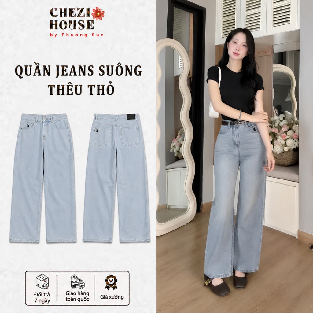 Quần Nữ Ống Suông Thêu Thỏ Nút Đinh CHEZI – Form Đẹp, Dài 96–102cm, Ống 25cm Tôn Dáng #8413-19 – Màu Xanh Nhạt