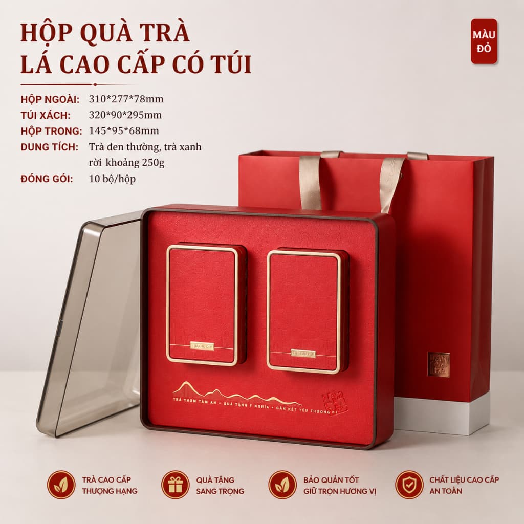 Bộ hộp trà đỏ ánh kim 2 hộp thiếc kèm túi xách cao cấp hộp quà tặng biếu Tết sang trọng