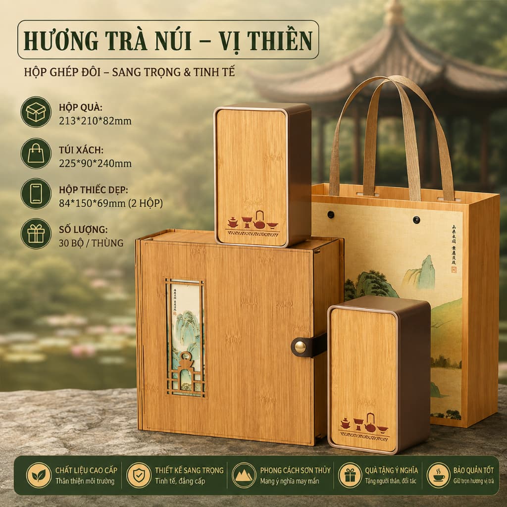 Bộ hộp trà gỗ Nét Xưa hộp thiếc vân gỗ kèm túi xách cao cấp hộp quà tặng biếu sang trọng