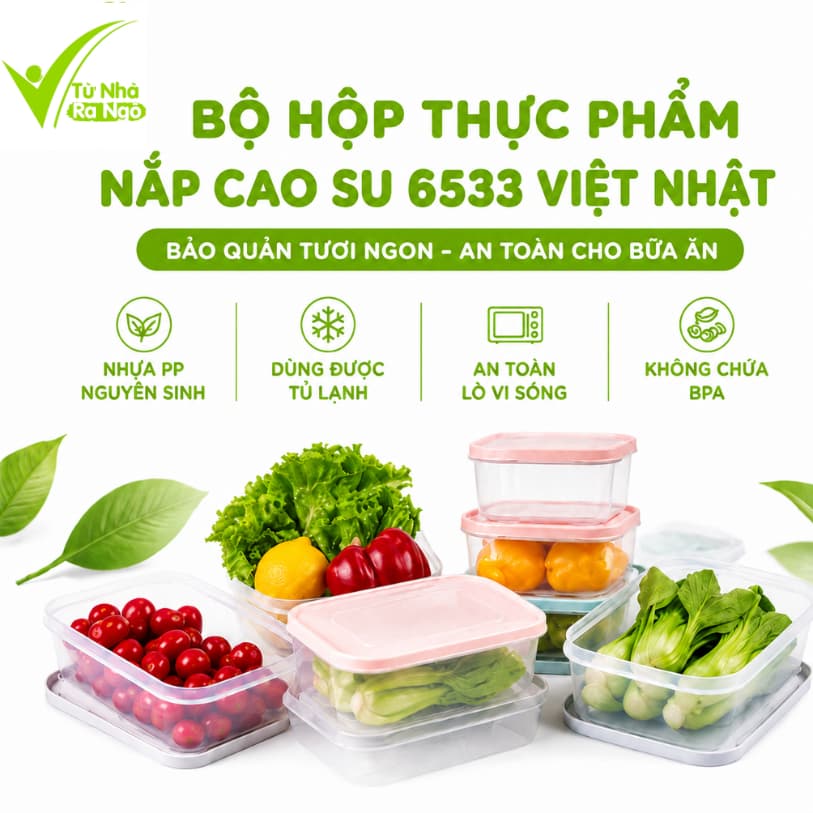 Bộ Hộp Thực Phẩm Chữ Nhật Để Đồ Ăn Tủ Lạnh Hokori 6533 GD292 - Bộ Hộp Nhựa Đựng Thực Phẩm Nắp Cao Su