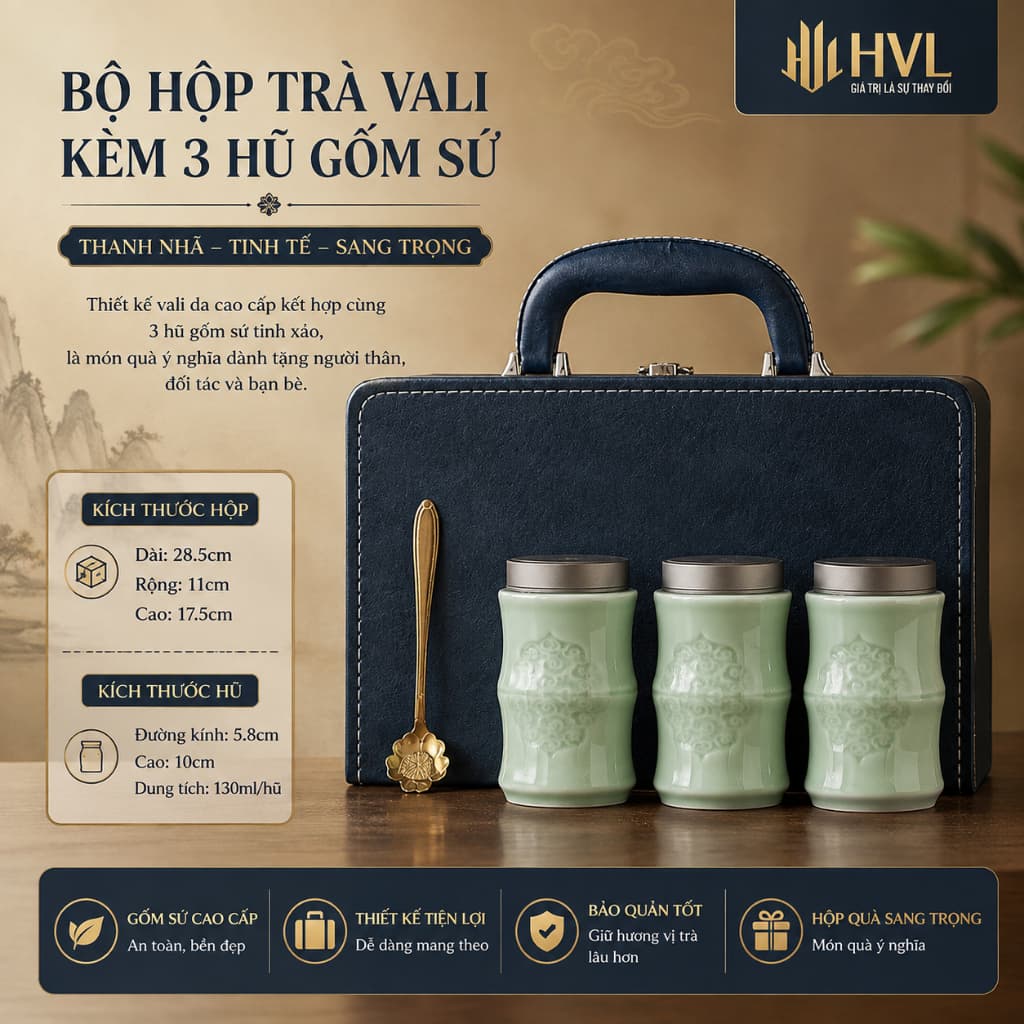 Hộp đựng trà gốm sứ cao cấp hộp quà tặng biếu Tết sang trọng kèm túi hình quả bí ngô