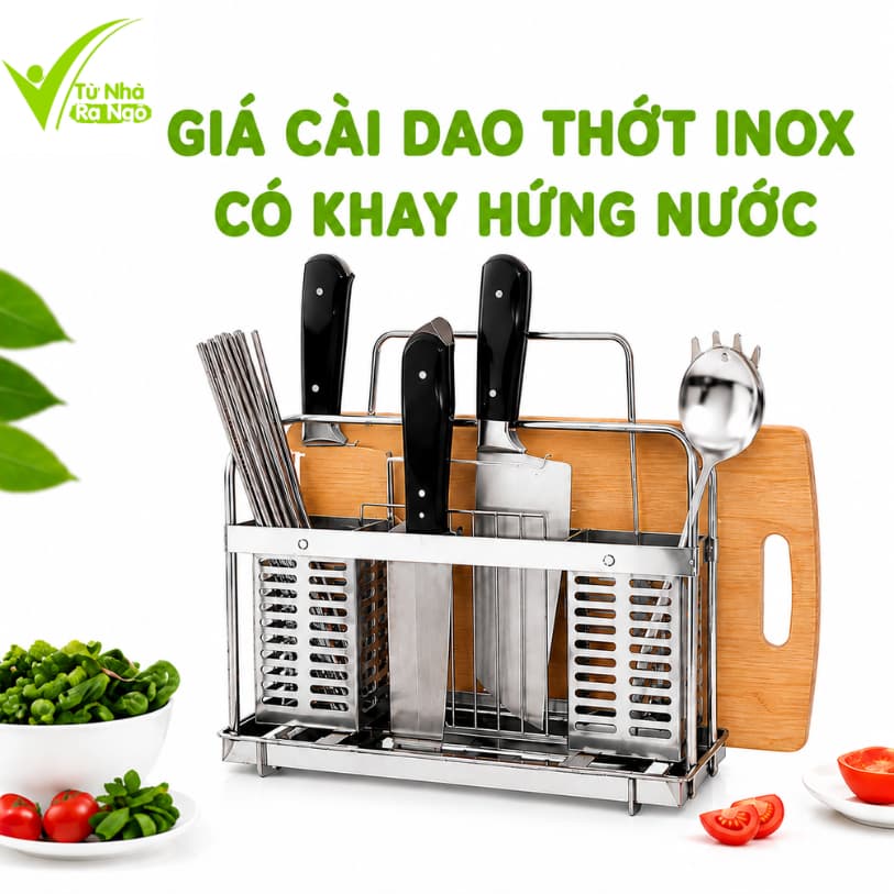 Giá Đụng Đũa Thìa Inox Đa Năng Kèm Khay Hứng Nước GD300 - Giá Inox Để Dao Kéo Khay Để Thớt Inox