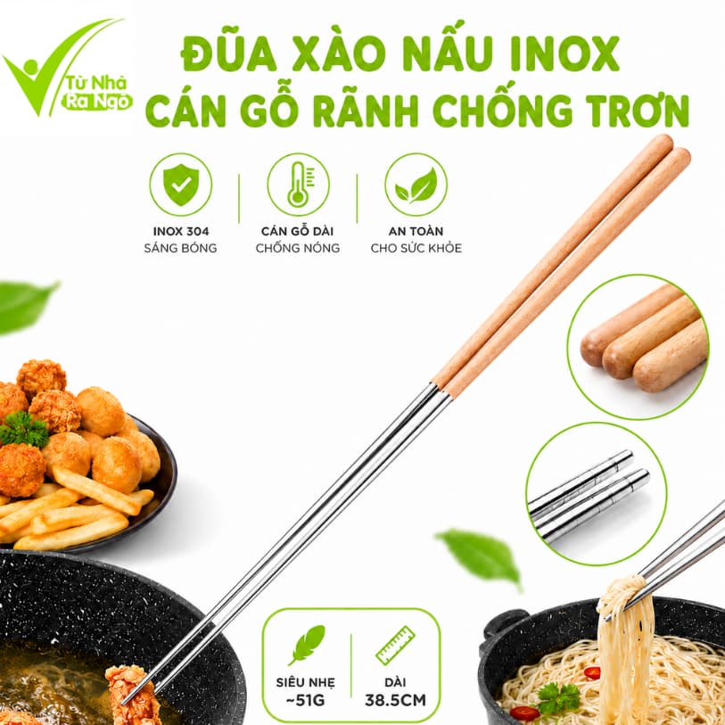 Đũa Xào Nấu Thức Ăn Inox Cán Gỗ Rãnh Chống Trượt GD312 - Đũa Nấu Ăn Cán Gỗ Chống Nóng Cao Cấp