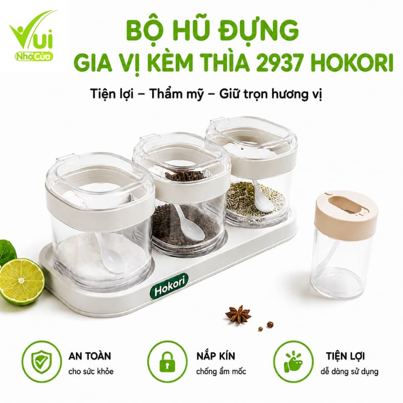 Bộ 4 Hũ Đựng Gia Vị Kèm Thìa Có Nắp Đạy 2937 Hokori GD315 - Hộp Đựng Gia Vị Nhựa Trong Suốt Hokori